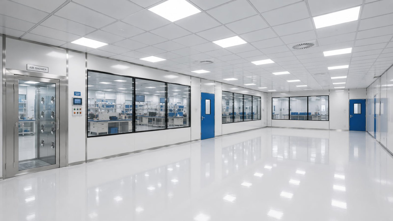 Cuarto limpio industrial con puertas de acceso de alta velocidad y piso epóxico azul